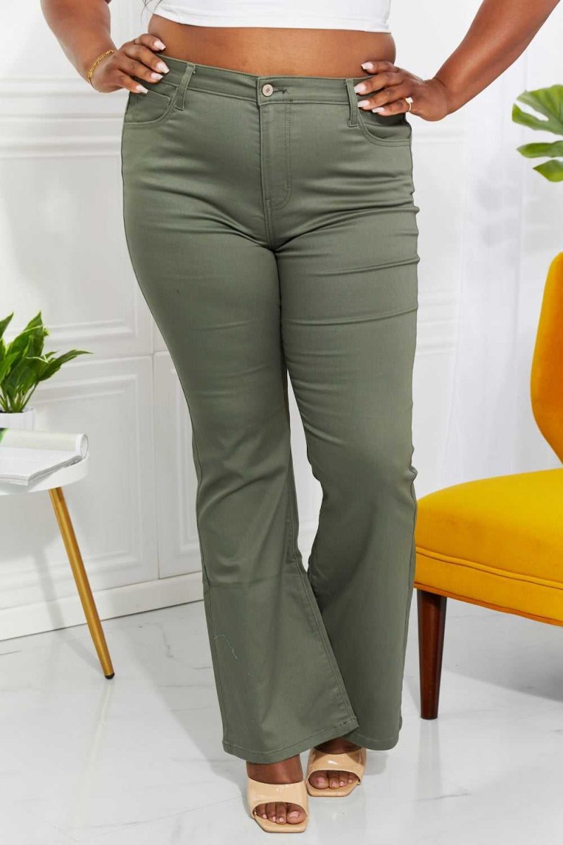 Zenana Clementine Full Size High - Rise Bootcut Jeans in Olive - Hopeford Streams