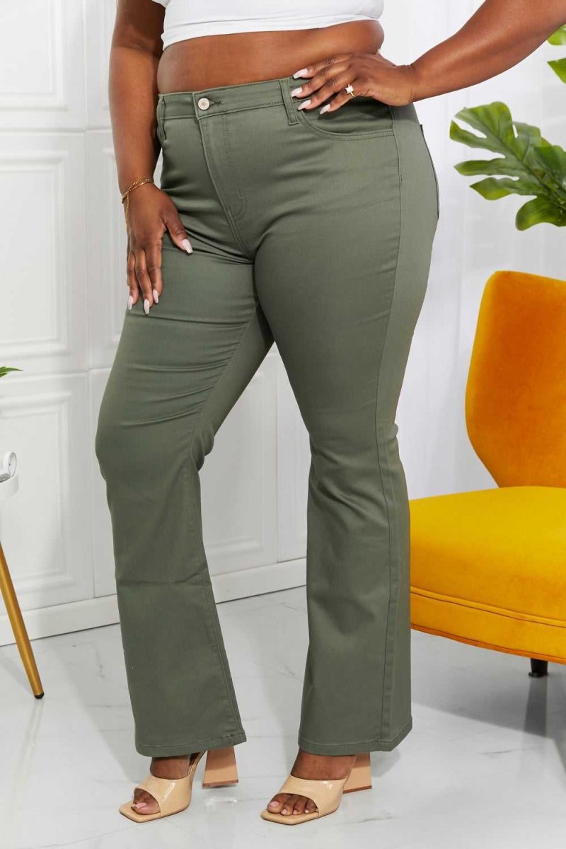 Zenana Clementine Full Size High - Rise Bootcut Jeans in Olive - Hopeford Streams