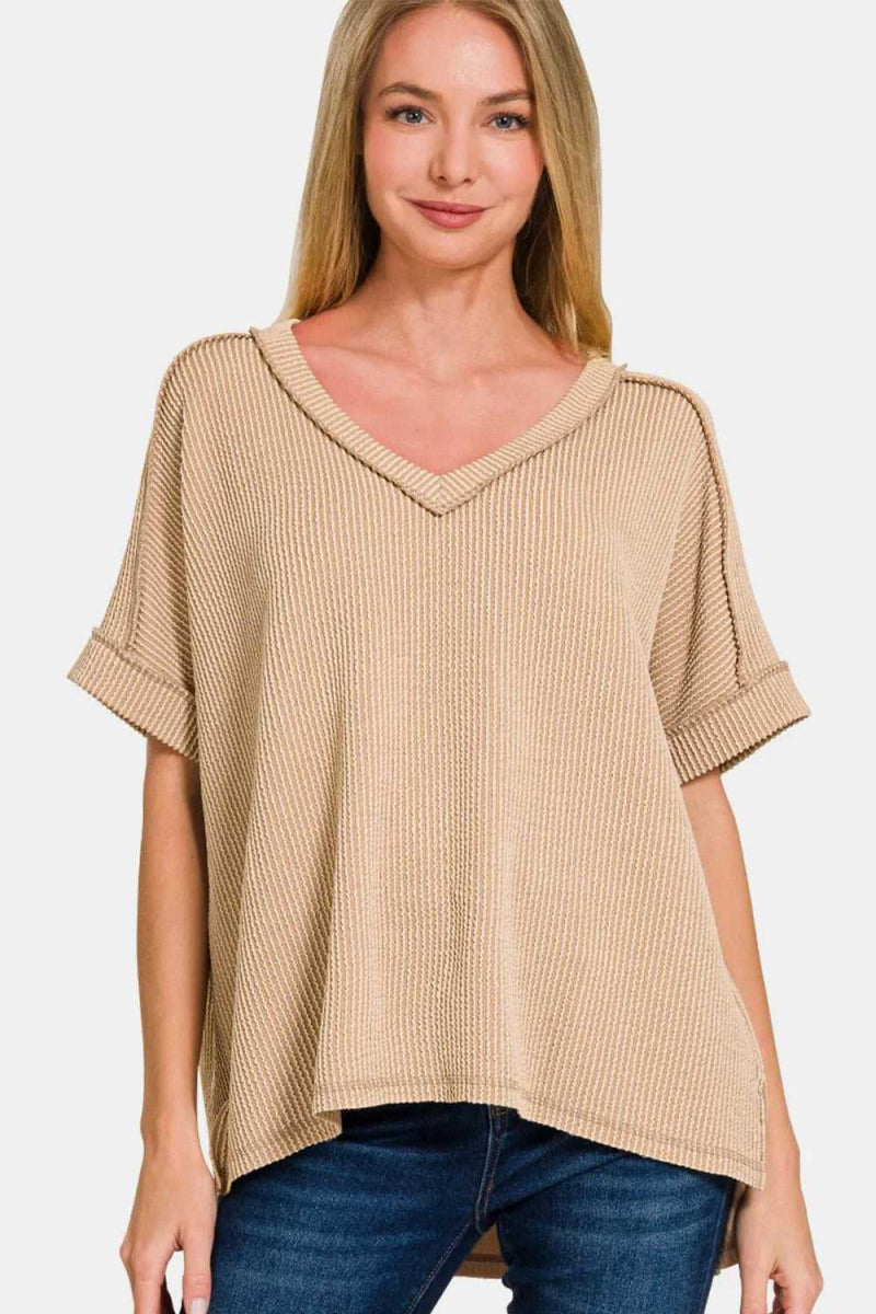 Zenana Corded Rib Short Sleeve High - Low T-Shirt - Hopeford Streams