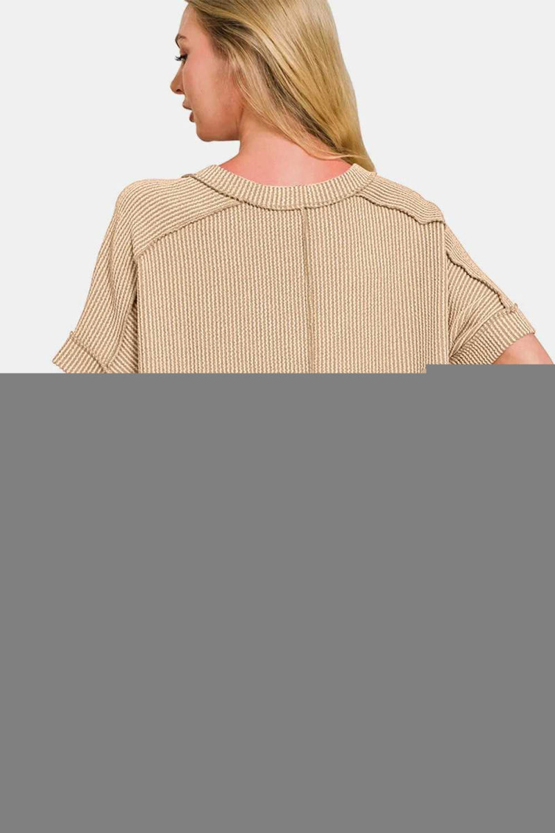 Zenana Corded Rib Short Sleeve High - Low T-Shirt - Hopeford Streams