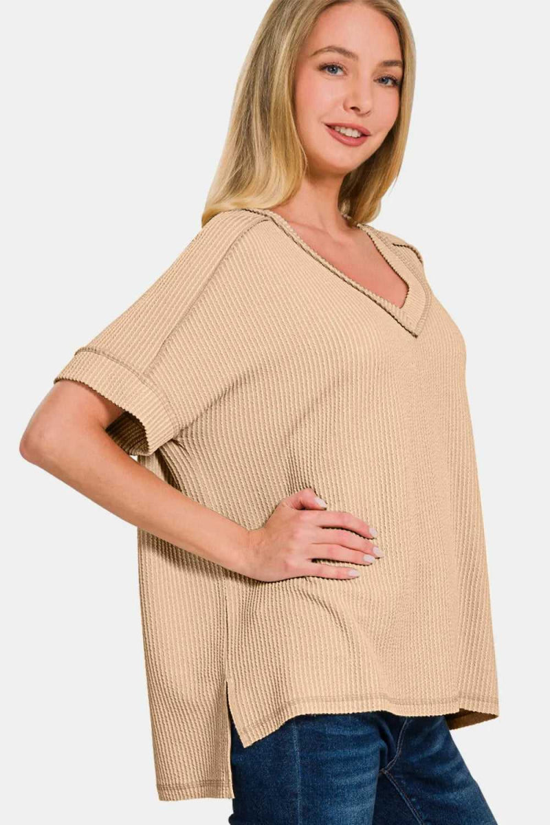 Zenana Corded Rib Short Sleeve High - Low T-Shirt - Hopeford Streams