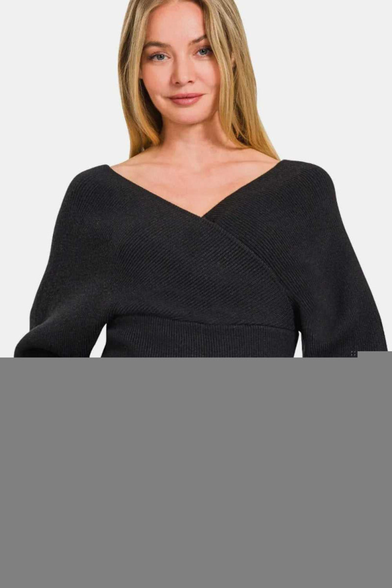 Zenana Cross Wrap Rib Long Sleeve Sweater - Hopeford Streams