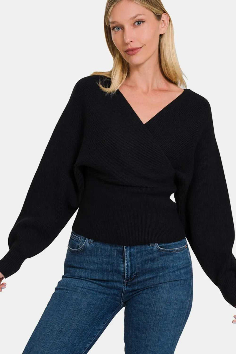 Zenana Cross Wrap Rib Long Sleeve Sweater - Hopeford Streams