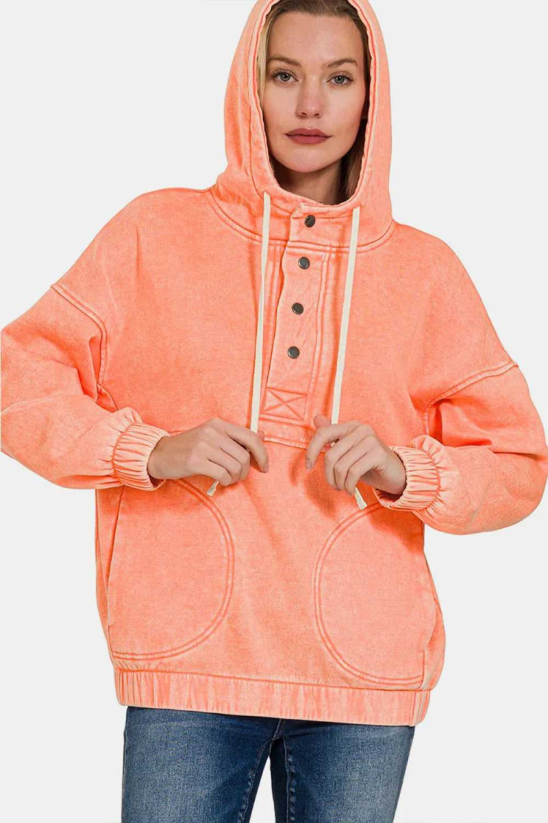 Zenana Drawstring Half Snap Dropped Shoulder Hoodie - Hopeford Streams