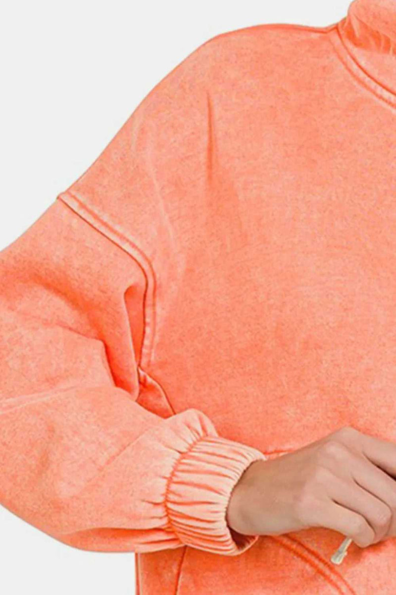 Zenana Drawstring Half Snap Dropped Shoulder Hoodie - Hopeford Streams