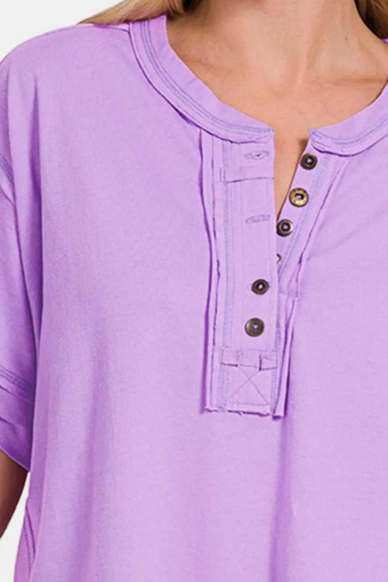 Zenana Exposed Seam Half Button Short Sleeve Top - Hopeford Streams