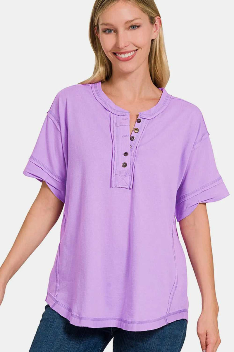 Zenana Exposed Seam Half Button Short Sleeve Top - Hopeford Streams