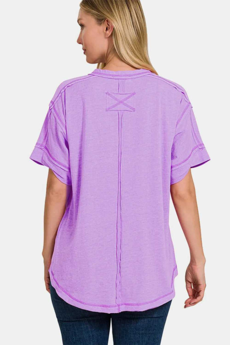 Zenana Exposed Seam Half Button Short Sleeve Top - Hopeford Streams