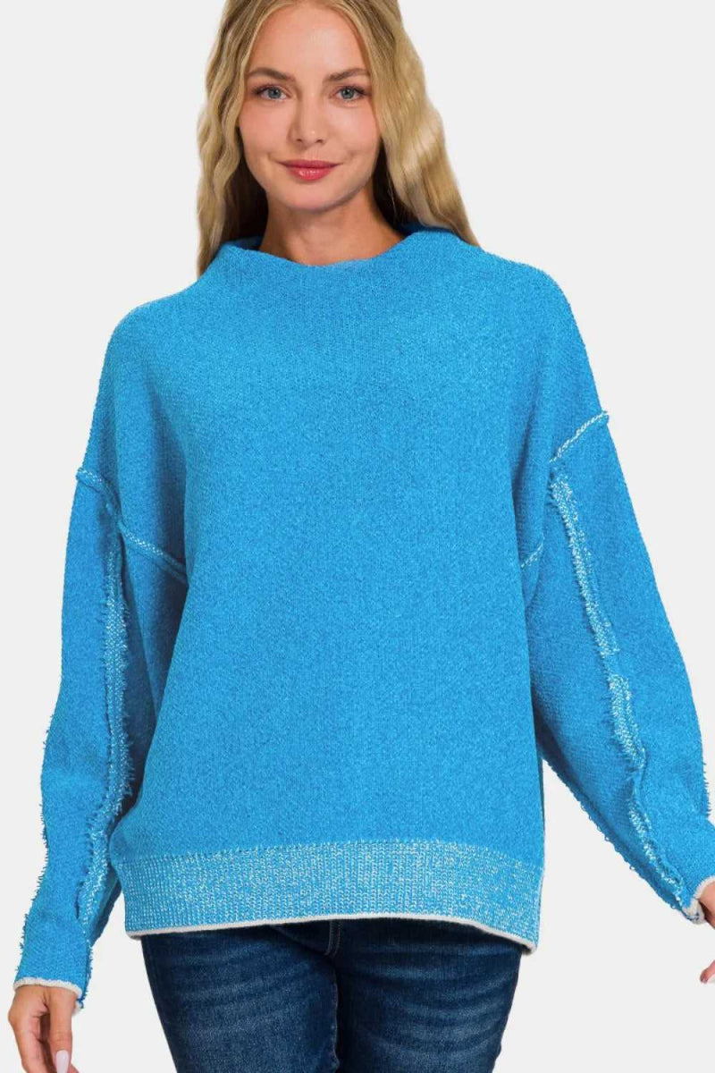 Zenana Exposed Seam Mock Neck Long Sleeve Sweater - Hopeford Streams