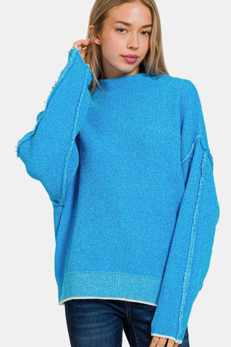 Zenana Exposed Seam Mock Neck Long Sleeve Sweater - Hopeford Streams