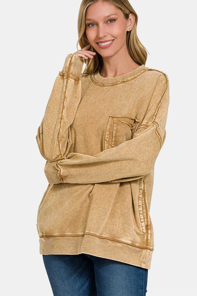 Zenana Exposed Seam Round Neck Dropped Shoulder Sweatshirt - Hopeford Streams