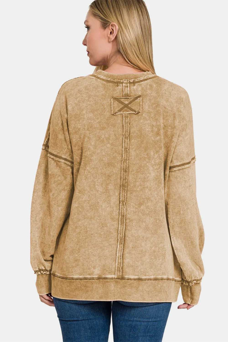 Zenana Exposed Seam Round Neck Dropped Shoulder Sweatshirt - Hopeford Streams