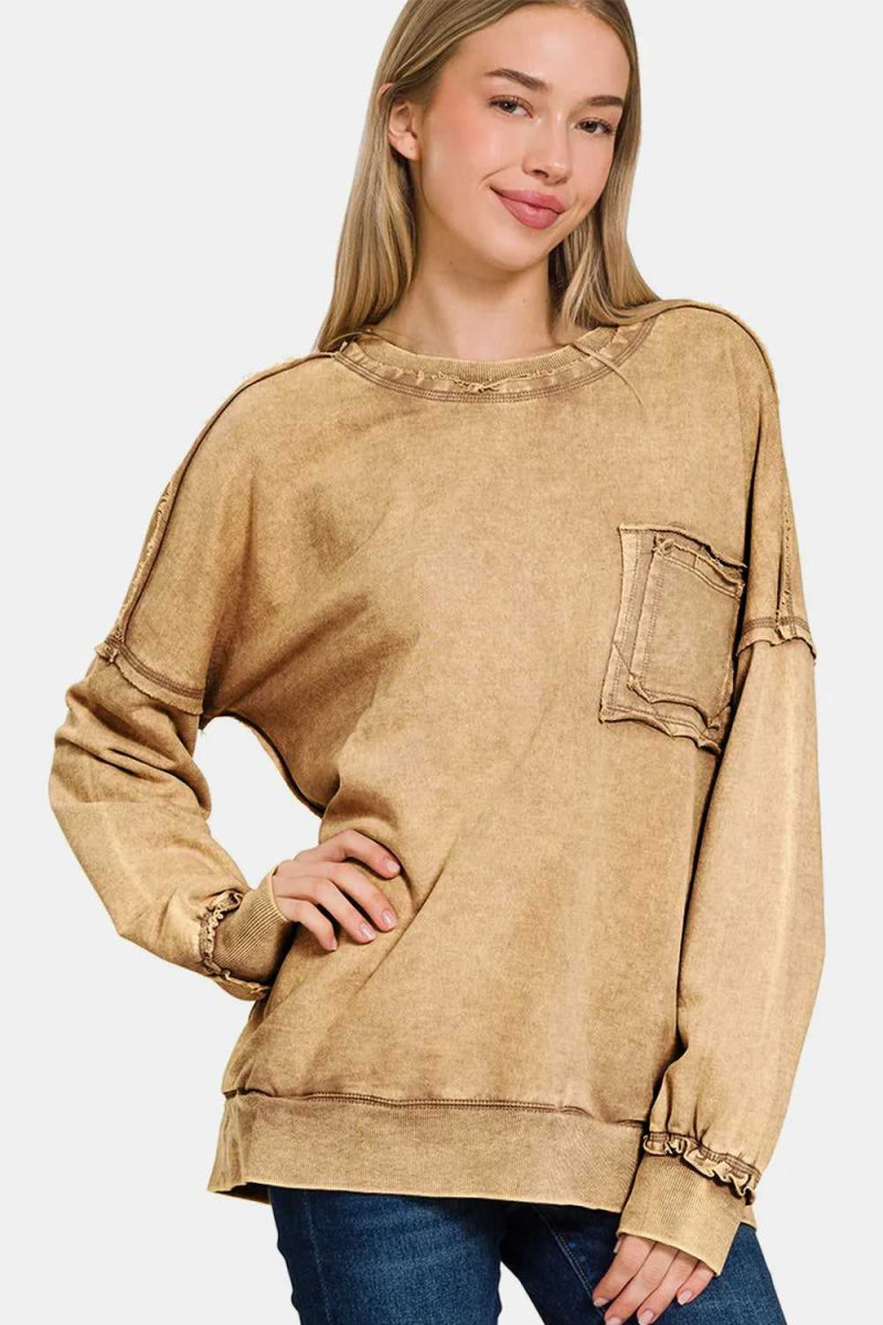 Zenana Exposed Seam Round Neck Dropped Shoulder Sweatshirt - Hopeford Streams
