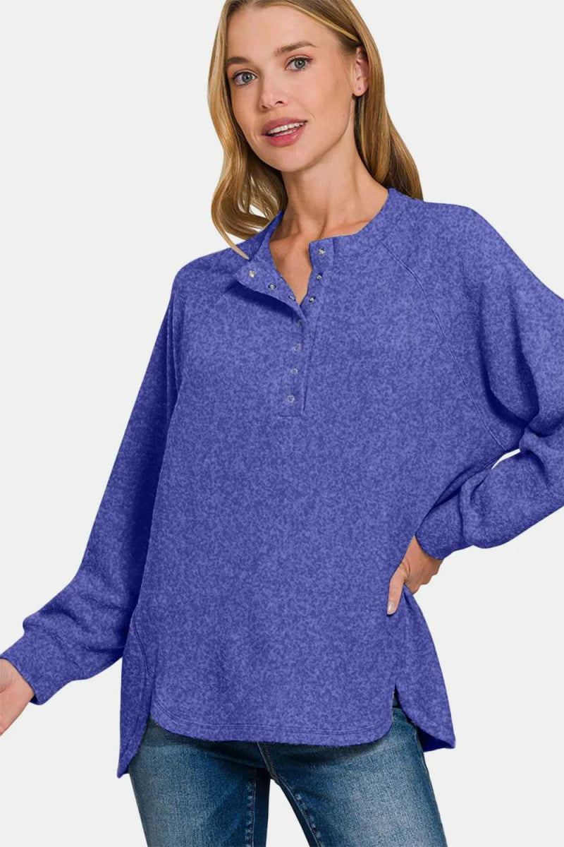 Zenana Full Size Brushed Melange Hacci High - Low Sweater - Hopeford Streams