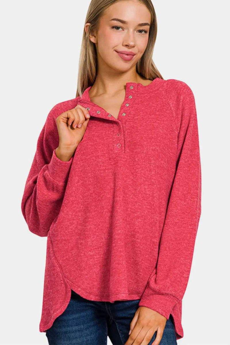 Zenana Full Size Brushed Melange Hacci High - Low Sweater - Hopeford Streams