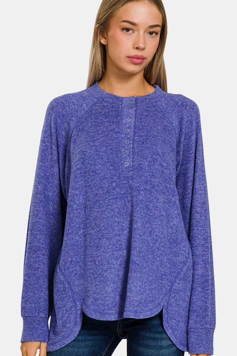 Zenana Full Size Brushed Melange Hacci High - Low Sweater - Hopeford Streams