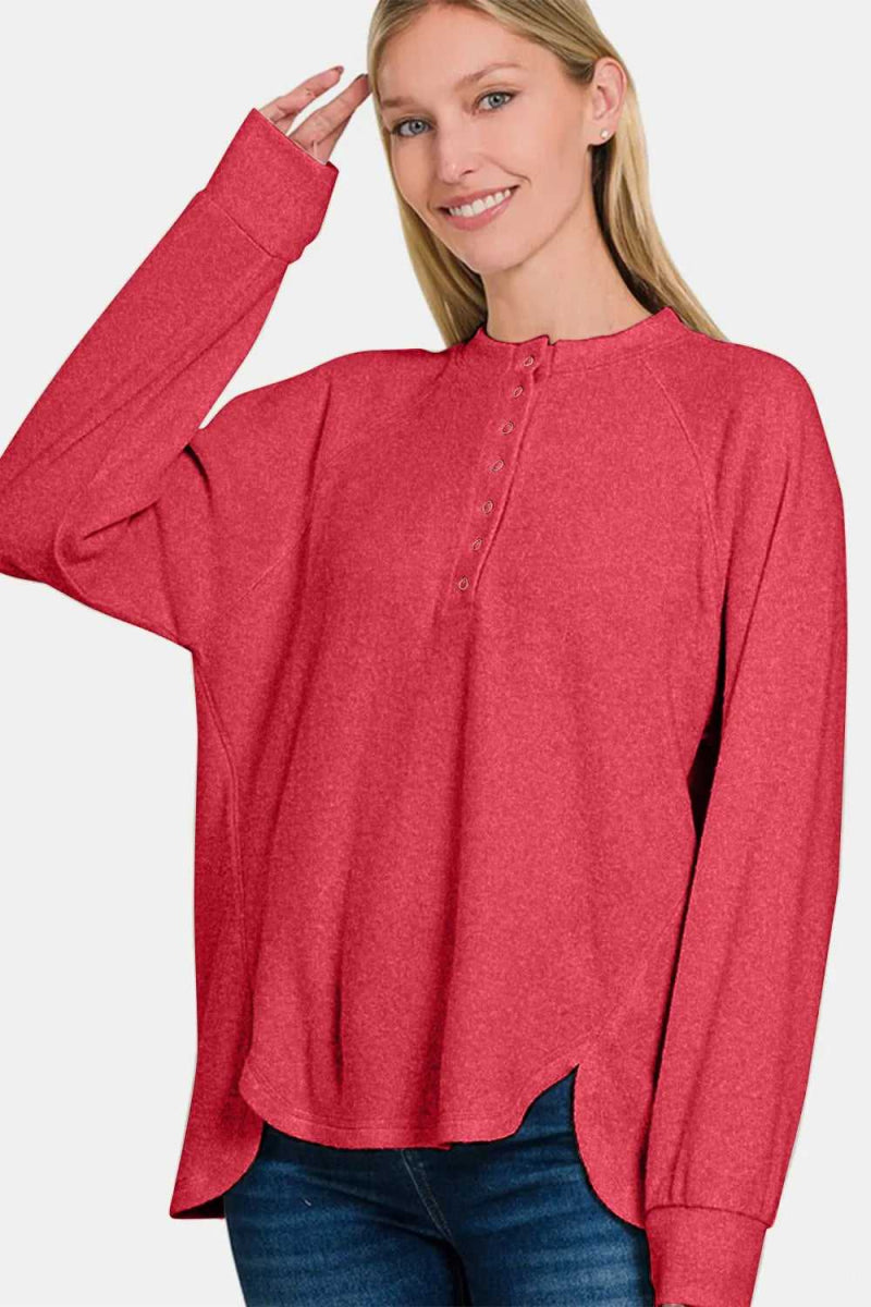Zenana Full Size Brushed Melange Hacci High - Low Sweater - Hopeford Streams