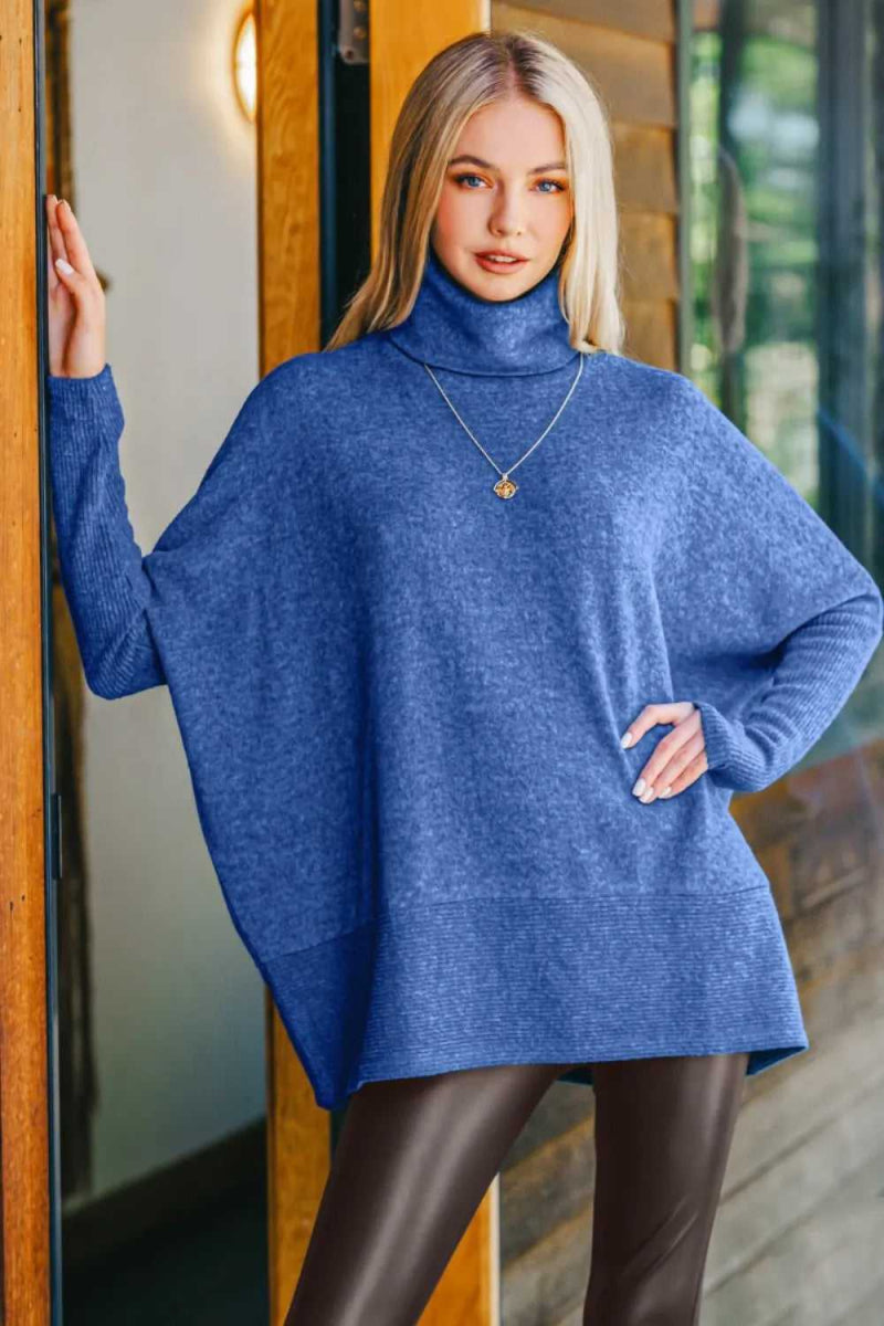 Zenana Full Size Brushed Melange Hacci Turtleneck Sweater - Hopeford Streams