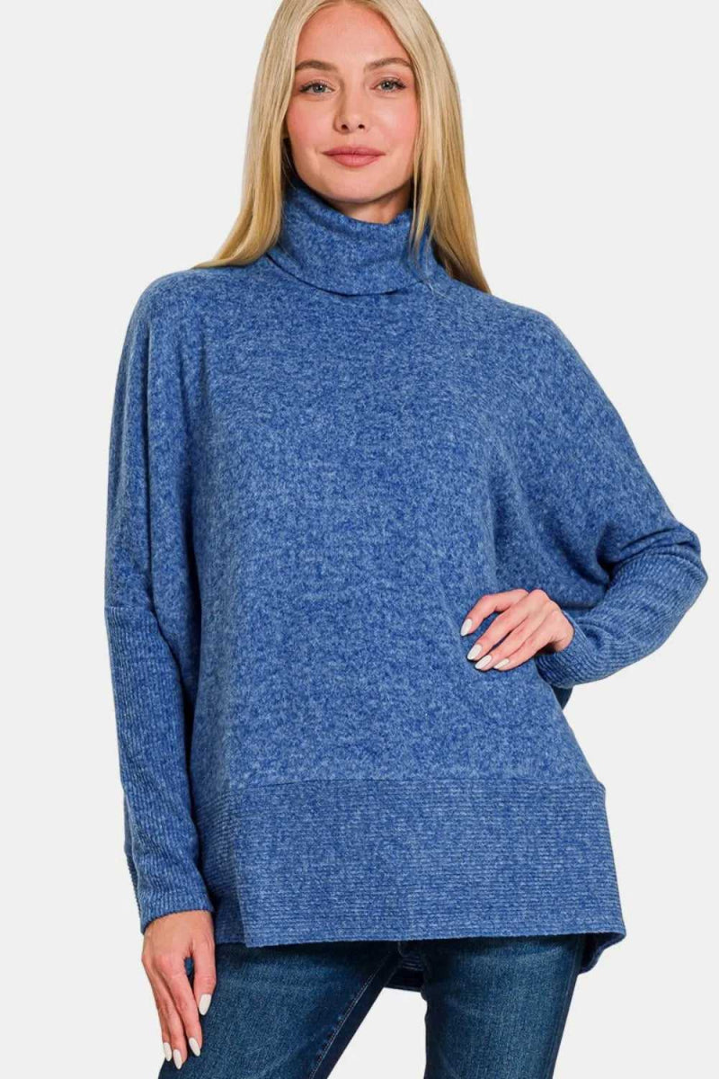 Zenana Full Size Brushed Melange Hacci Turtleneck Sweater - Hopeford Streams