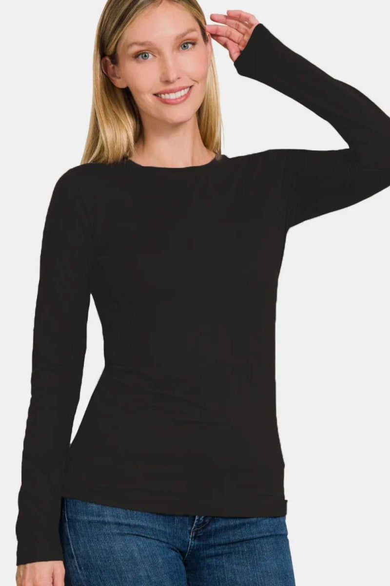 Zenana Full Size Brushed Microfiber Long Sleeve Round Neck T-Shirt - Hopeford Streams