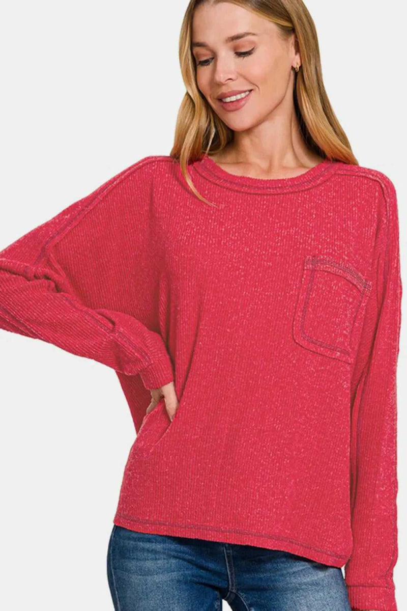Zenana Full Size Contrast Stitching Brushed Ribbed Hacci Knit Top - Hopeford Streams