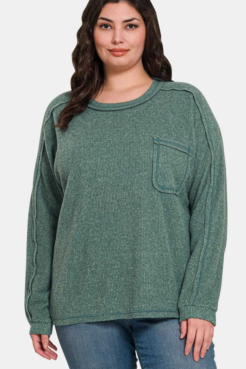 Zenana Full Size Contrast Stitching Brushed Ribbed Hacci Knit Top - Hopeford Streams