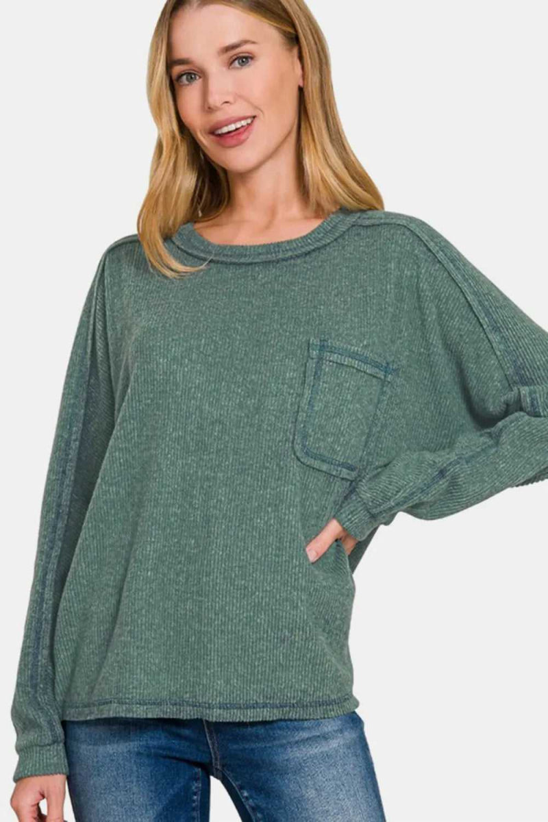 Zenana Full Size Contrast Stitching Brushed Ribbed Hacci Knit Top - Hopeford Streams
