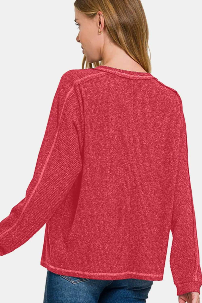 Zenana Full Size Contrast Stitching Brushed Ribbed Hacci Knit Top - Hopeford Streams