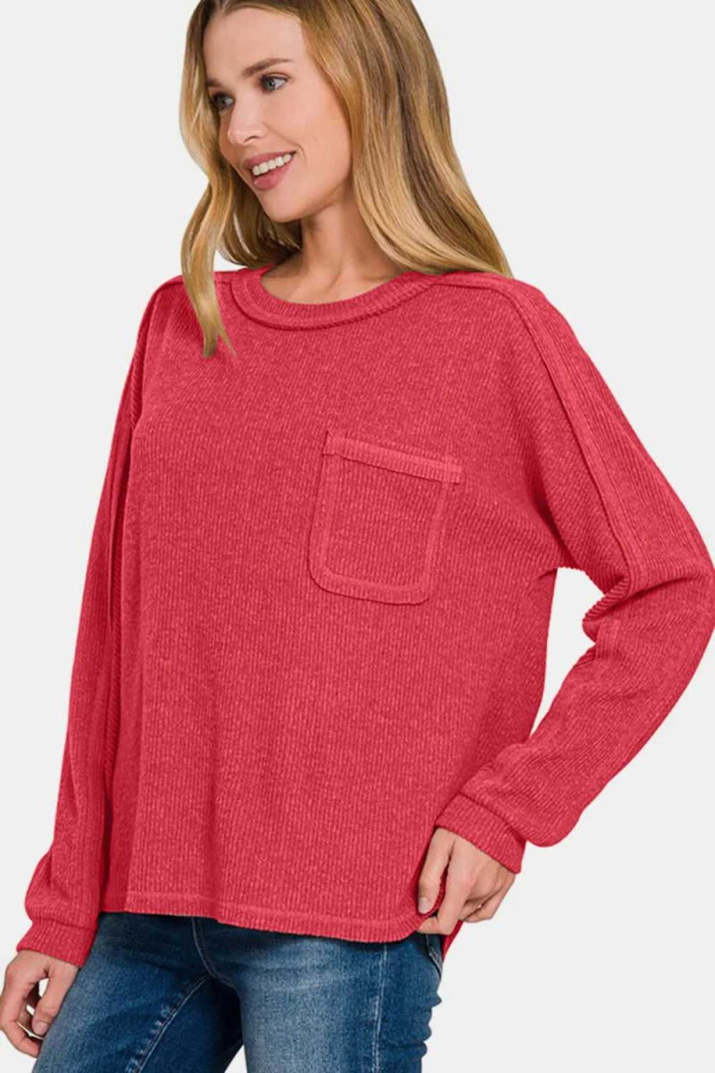 Zenana Full Size Contrast Stitching Brushed Ribbed Hacci Knit Top - Hopeford Streams