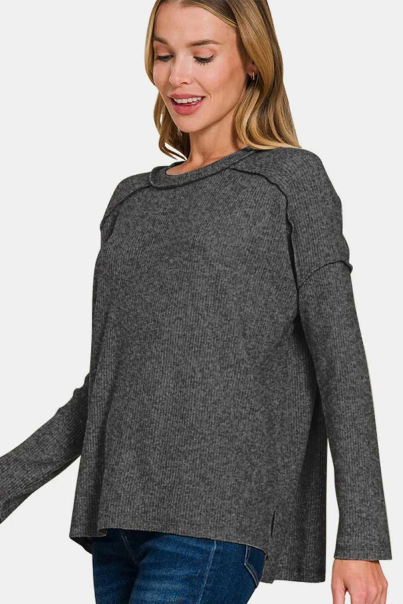 Zenana Full Size Exposed Seam Brushed Round Neck Sweater - Hopeford Streams