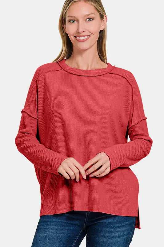 Zenana Full Size Exposed Seam Brushed Round Neck Sweater - Hopeford Streams