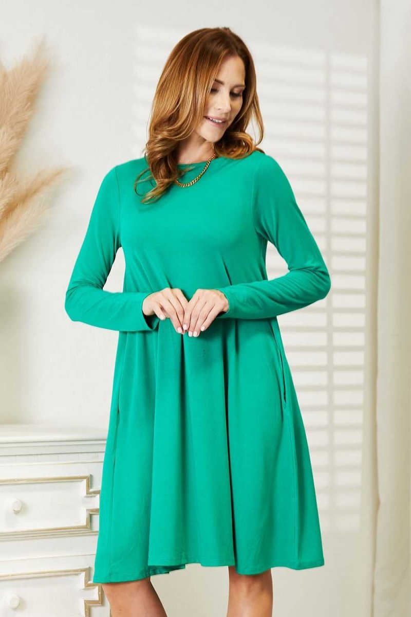 Zenana Full Size Long Sleeve Flare Dress with Pockets - Hopeford Streams
