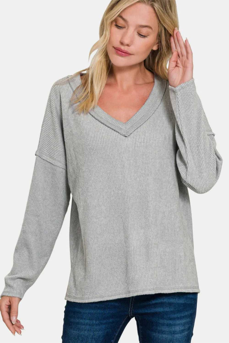 Zenana Full Size Ribbed V - Neck Drop Shoulder Top - Hopeford Streams