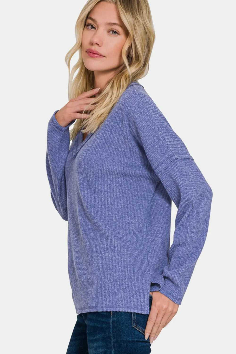 Zenana Full Size Ribbed V - Neck Drop Shoulder Top - Hopeford Streams