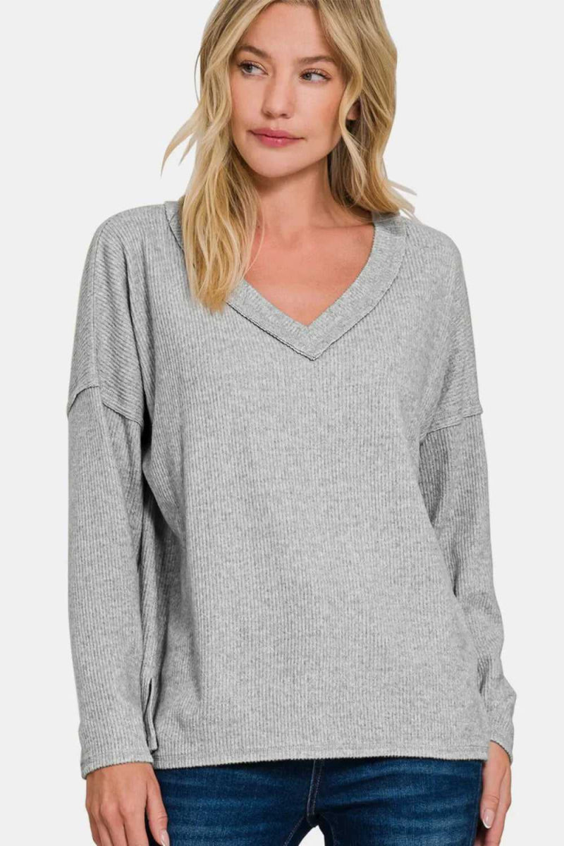 Zenana Full Size Ribbed V - Neck Drop Shoulder Top - Hopeford Streams