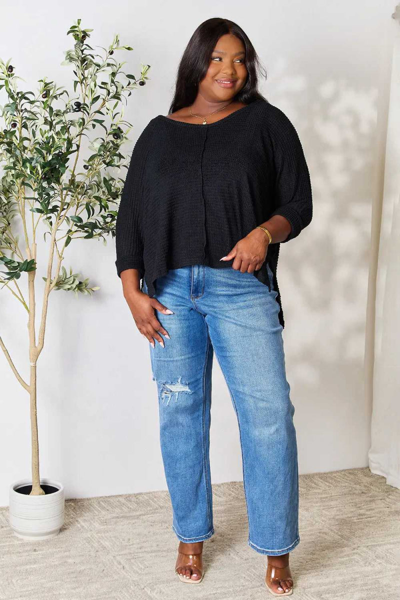 Zenana Full Size Round Neck High - Low Slit Knit Top - Hopeford Streams