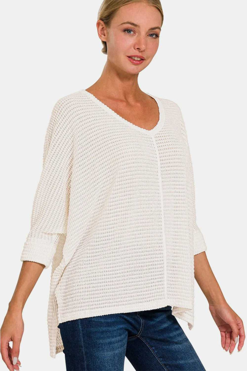Zenana Full Size Round Neck High - Low Slit Knit Top - Hopeford Streams
