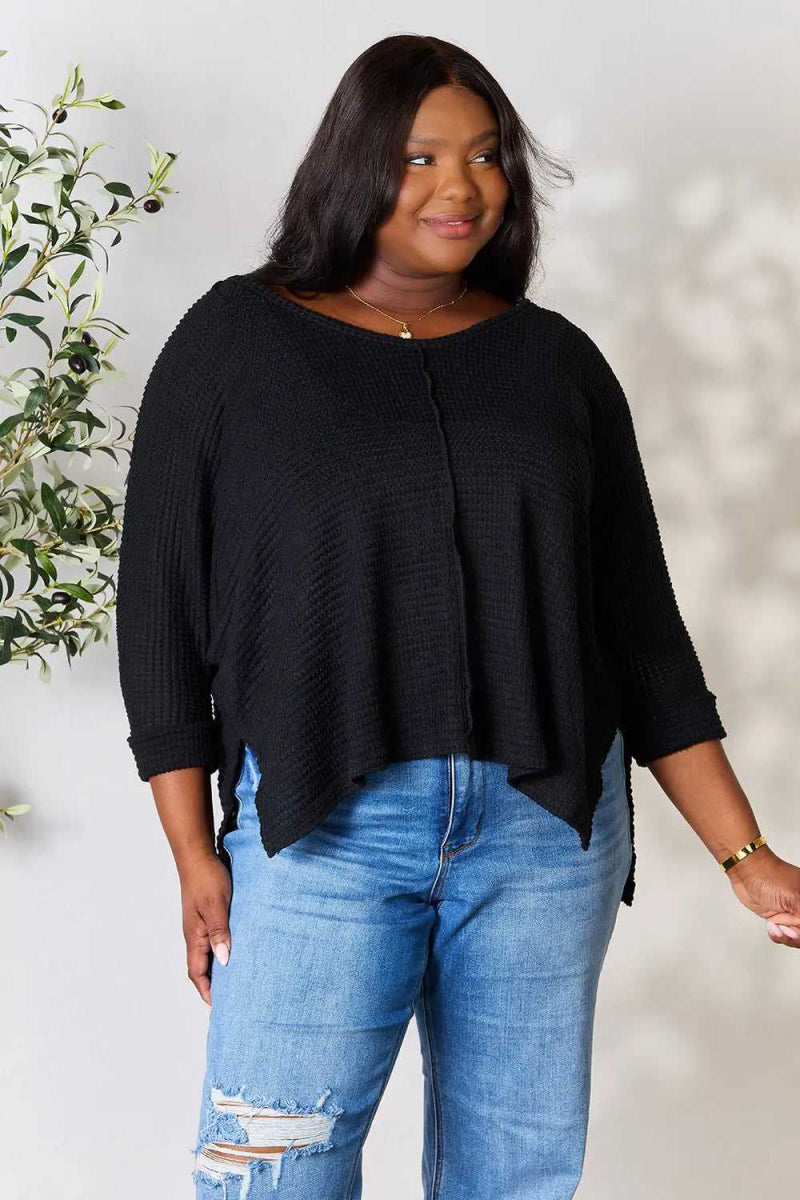 Zenana Full Size Round Neck High - Low Slit Knit Top - Hopeford Streams