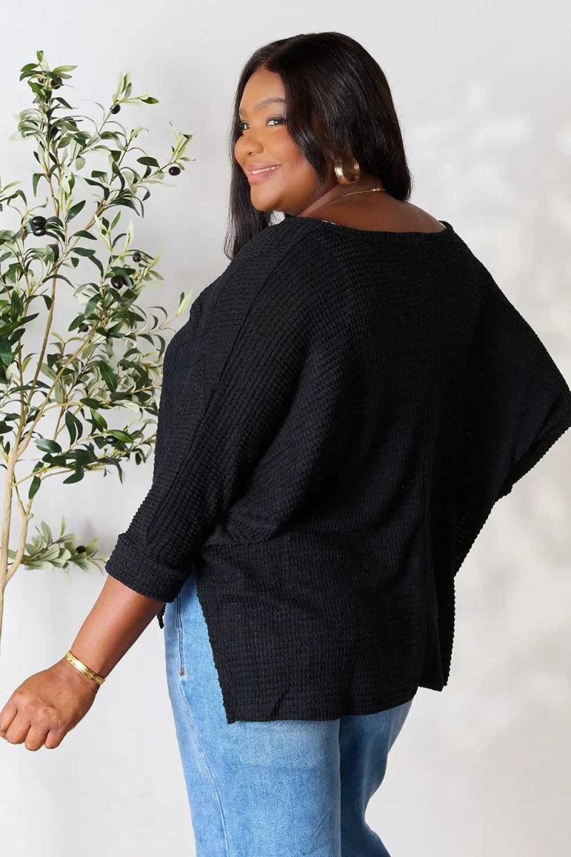 Zenana Full Size Round Neck High - Low Slit Knit Top - Hopeford Streams