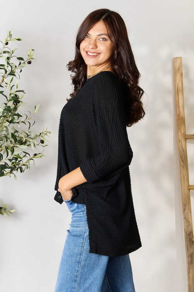 Zenana Full Size Round Neck High - Low Slit Knit Top - Hopeford Streams