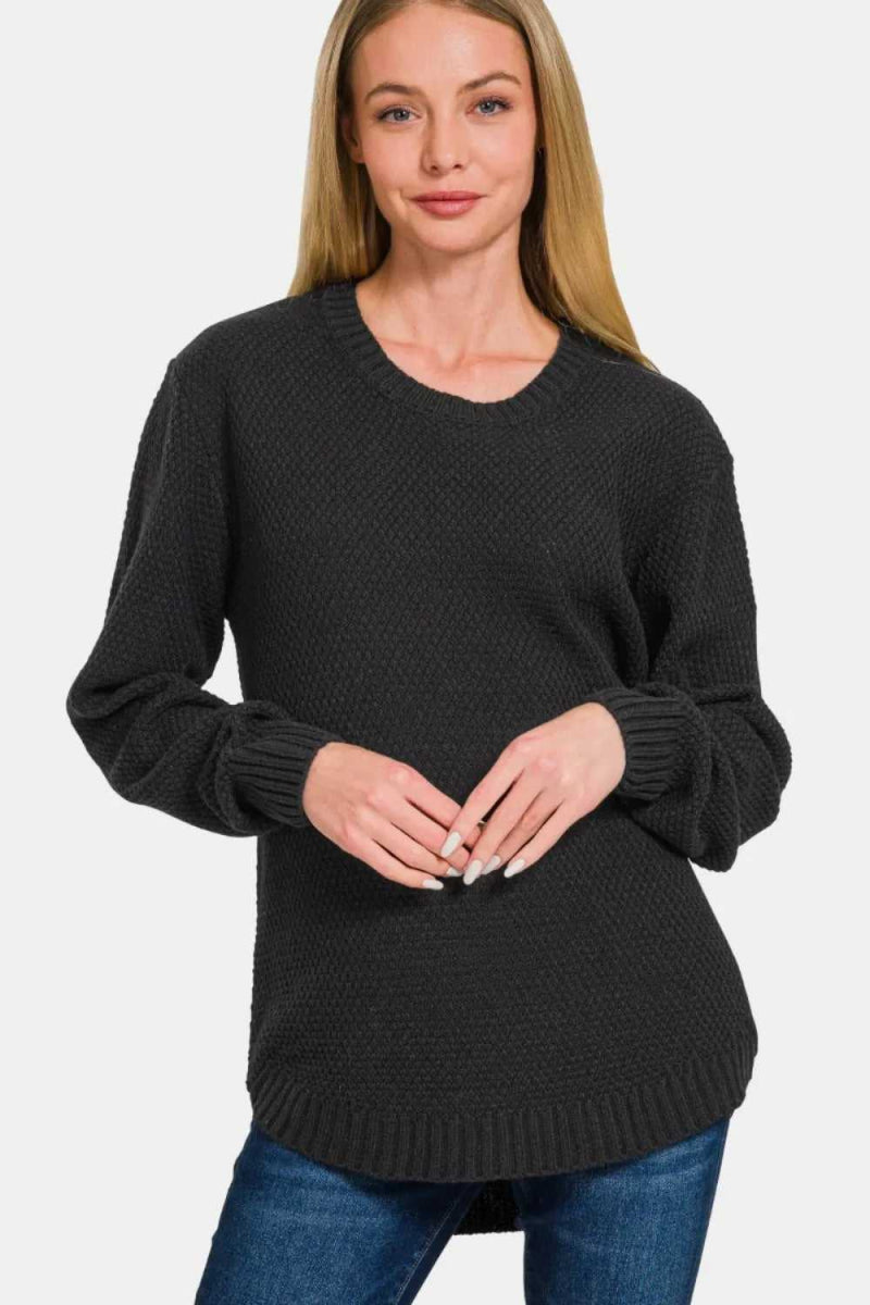 Zenana Full Size Round Neck Long Sleeve Curved Hem Sweater - Hopeford Streams
