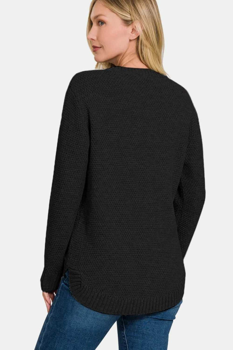 Zenana Full Size Round Neck Long Sleeve Curved Hem Sweater - Hopeford Streams