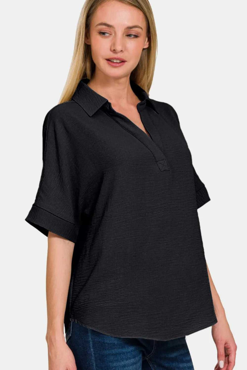 Zenana Full Size Texture Collared Neck Short Sleeve Top - Hopeford Streams