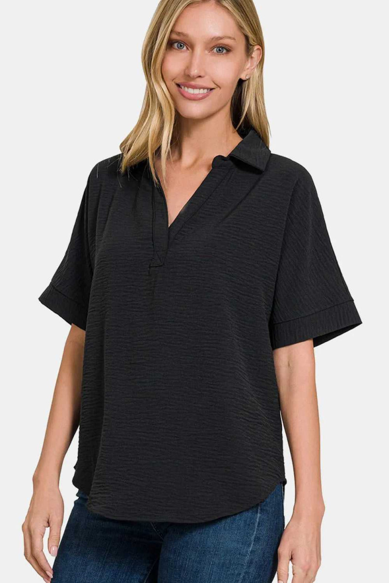 Zenana Full Size Texture Collared Neck Short Sleeve Top - Hopeford Streams