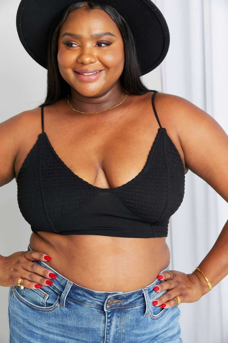 Zenana Full Size Textured Spaghetti Strap Bralette in Black - Hopeford Streams