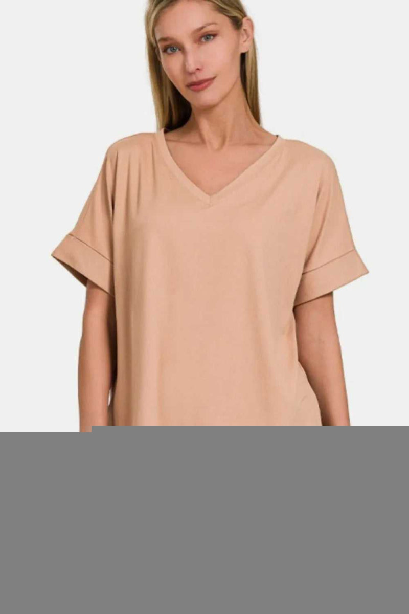 Zenana Full Size V - Neck Rolled Short Sleeve T-Shirt and Leggings Lounge Set - Hopeford Streams
