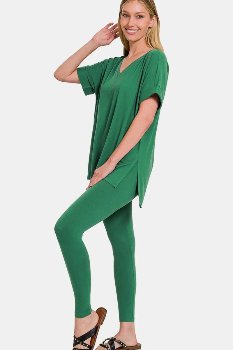Zenana Full Size V - Neck Rolled Short Sleeve T-Shirt and Leggings Lounge Set - Hopeford Streams
