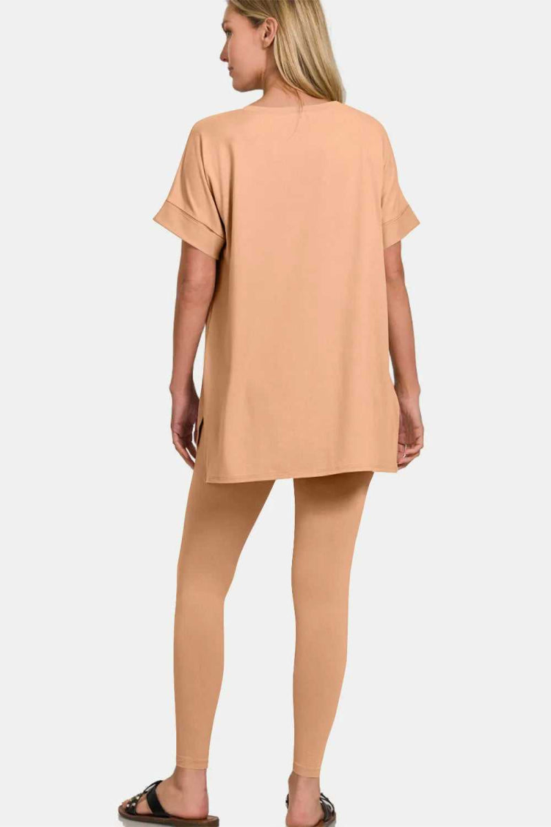 Zenana Full Size V - Neck Rolled Short Sleeve T-Shirt and Leggings Lounge Set - Hopeford Streams