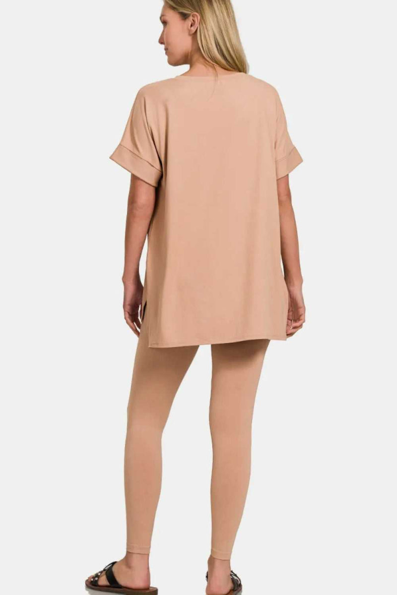 Zenana Full Size V - Neck Rolled Short Sleeve T-Shirt and Leggings Lounge Set - Hopeford Streams
