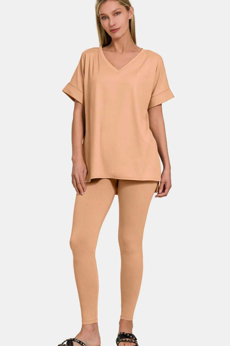 Zenana Full Size V - Neck Rolled Short Sleeve T-Shirt and Leggings Lounge Set - Hopeford Streams